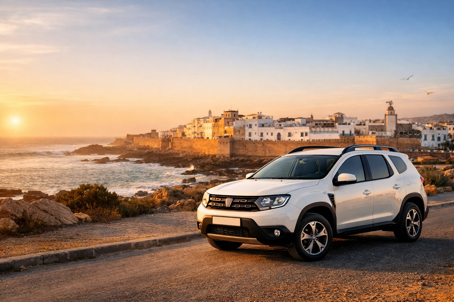 Location voiture Essaouira aéroport - SUV blanc Dacia Duster sur la route côtière au coucher du soleil